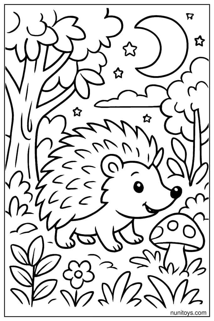 דף צביעה של קיפוד הולך בלילה ליד פטרייה תחת ירח וכוכבים