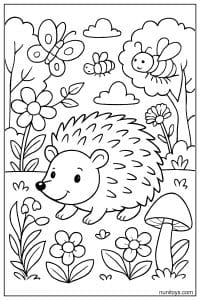 דף צביעה של קיפוד הולך בין פרחים ודבורים בשדה