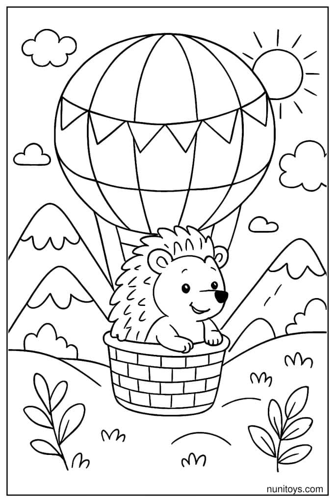 דף צביעה של קיפוד בסל כדור פורח מעל הרים