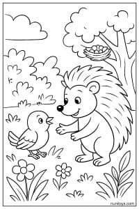 דף צביעה של קיפוד פוגש גוזל ליד קן על עץ