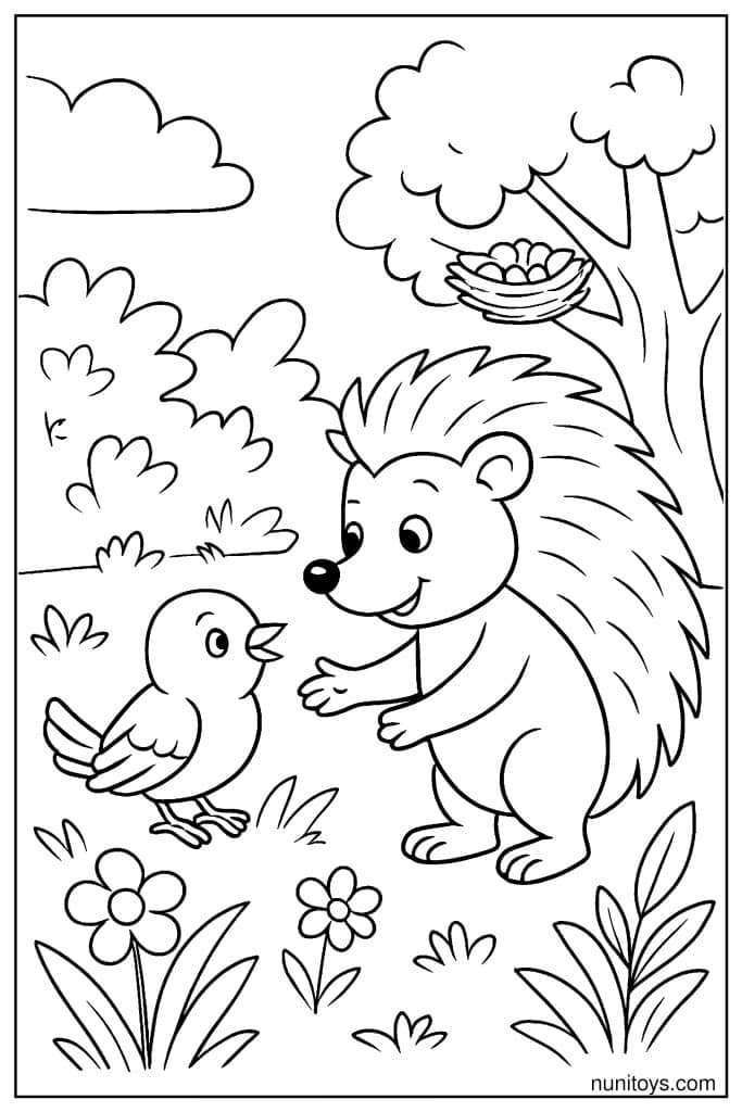 דף צביעה של קיפוד פוגש גוזל ליד קן על עץ