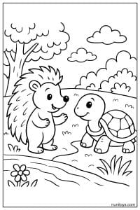 דף צביעה של קיפוד וצבת נפגשים ליד שביל בטבע