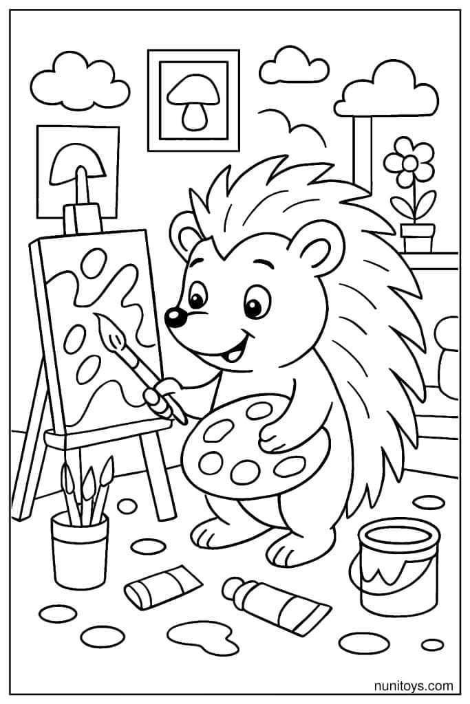 דף צביעה של קיפוד מצייר על כן ציור עם צבעים