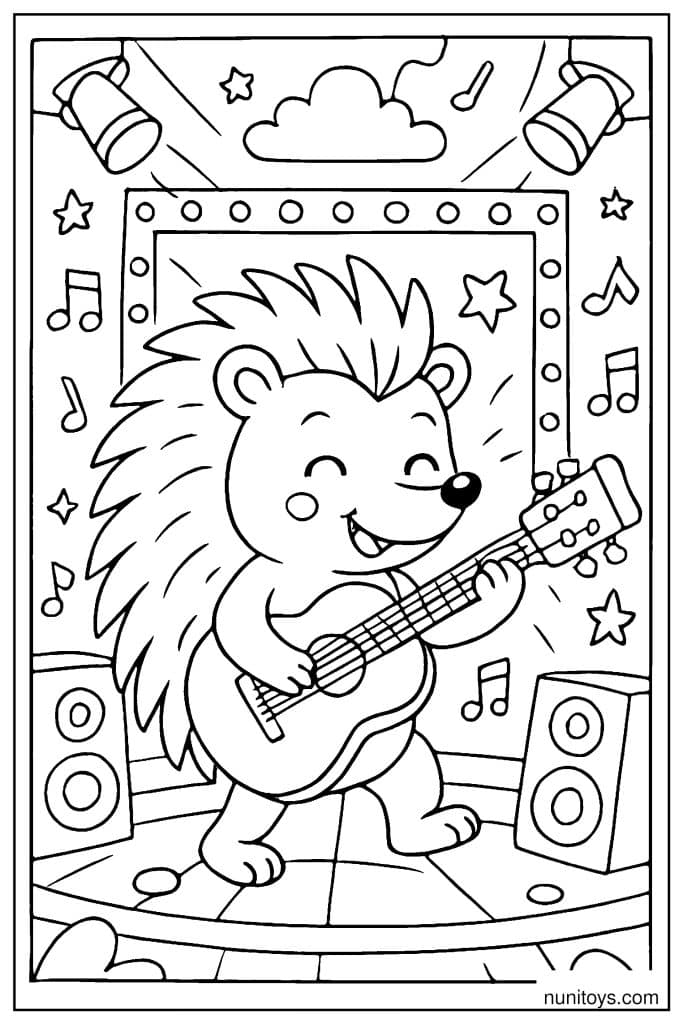 דף צביעה של קיפוד מנגן בגיטרה על במה עם רמקולים