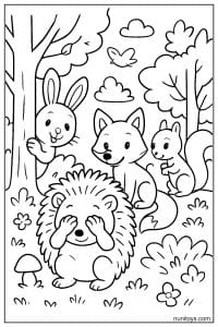 דף צביעה של קיפוד משחק מחבואים עם חברים ביער