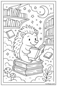 דף צביעה של קיפוד קורא ספר יושב על ערימת ספרים