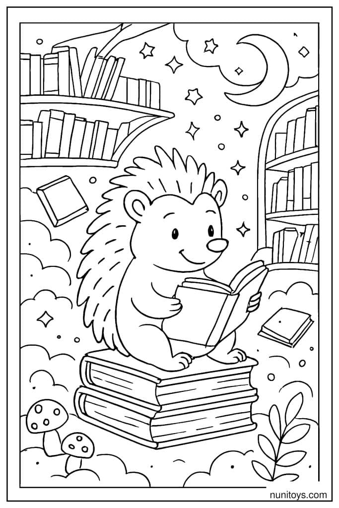 דף צביעה של קיפוד קורא ספר יושב על ערימת ספרים