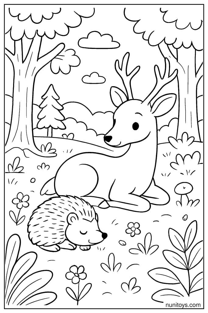 דף צביעה של קיפוד ישן ליד אייל ביער שקט