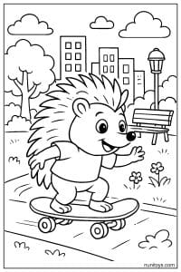 דף צביעה של קיפוד נוסע על סקייטבורד בפארק בעיר