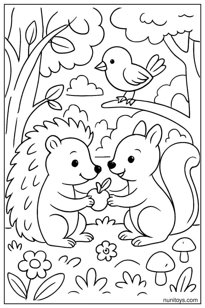 דף צביעה של קיפוד וסנאי מחזיקים תפוח יחד ביער