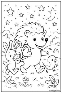 דף צביעה של קיפוד מטייל בלילה עם תרמיל וחברים