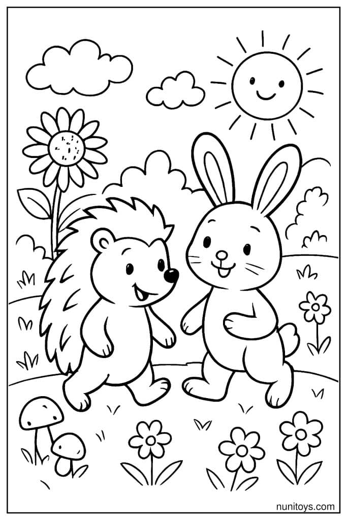 דף צביעה של קיפוד וארנב עומדים יחד בשדה פרחים