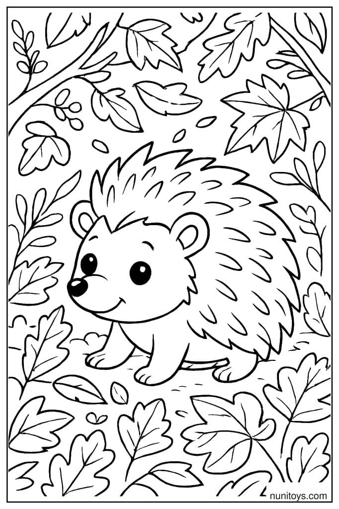 דף צביעה של קיפוד מוקף עלים נושרים על הקרקע