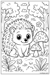 דף צביעה של קיפוד קטן יושב ליד פטריות ביער