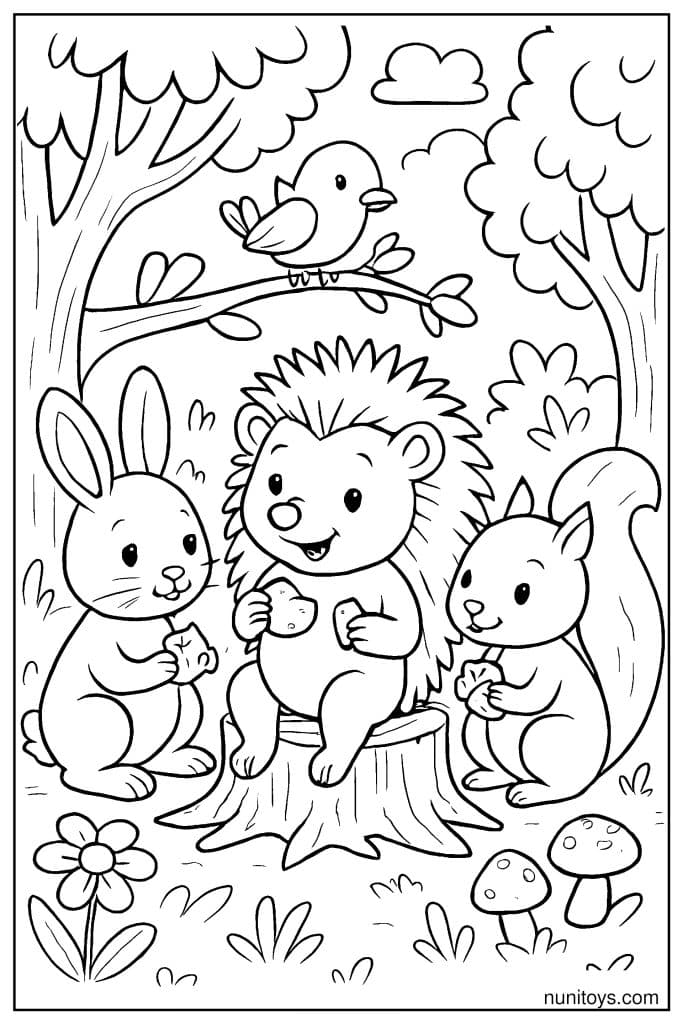 דף צביעה של קיפוד יושב עם ארנב וסנאי ואוכל יחד ביער