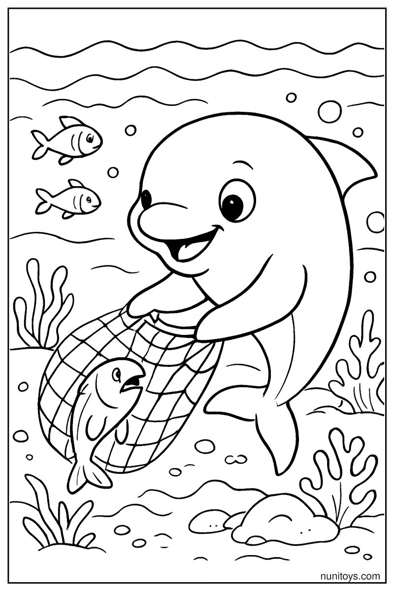 Hero Vaquita Rescuing Trapped Fish: Ocean Coloring Page