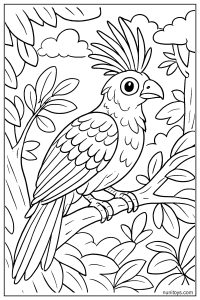 דף צביעה ציפור הואצין יושבת על ענף בין עלים