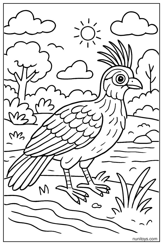 דף צביעה ציפור הואצין עומדת ליד נהר בטבע