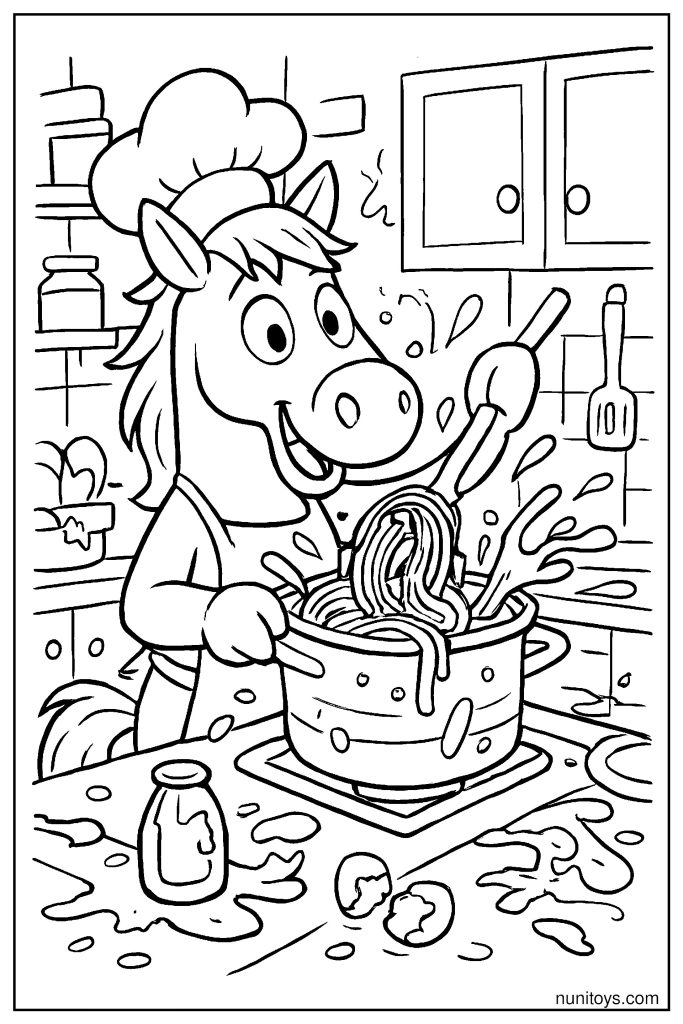Horse Cooking Spaghetti in a Messy Kitchen Coloring Page