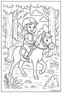 Horse Exploring Forest Trail with Rider Coloring Page