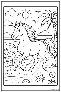 Horse Galloping Along the Beach Coloring Page
