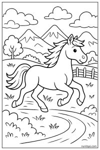 Horse Galloping Through Countryside Coloring Page