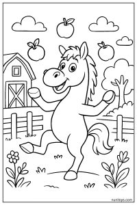 Horse Juggling Apples on One Leg in a Farmyard Coloring Page