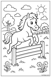 Horse Jumping Over Wooden Fence in Countryside Coloring Page