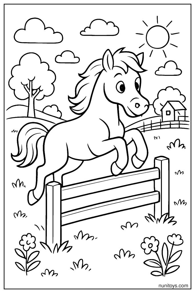 Horse Jumping Over Wooden Fence in Countryside Coloring Page