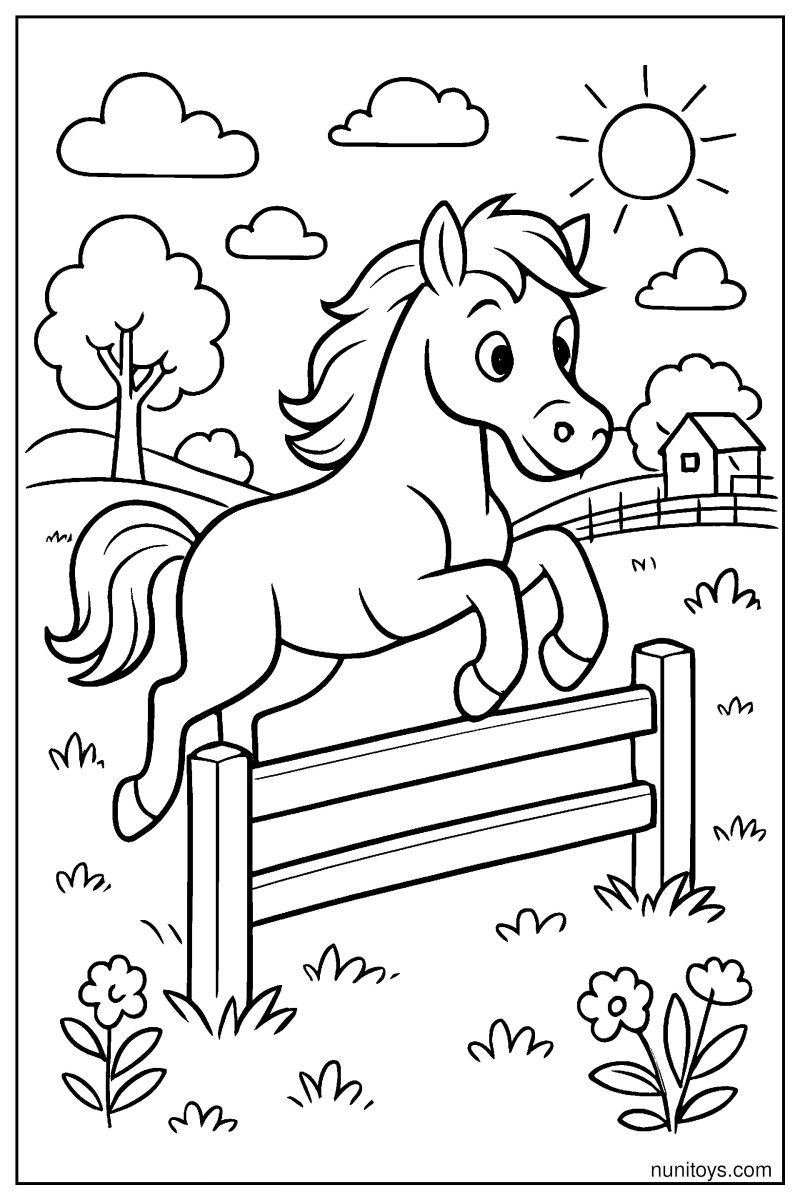 Horse Jumping Over Wooden Fence in Countryside Coloring Page