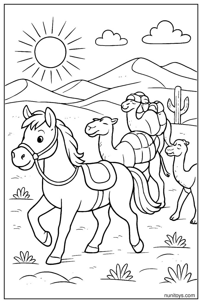 Horse Leading a Caravan Through Desert Coloring Page