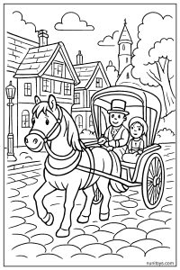 Horse Pulling Carriage Through Historic Village Coloring Page