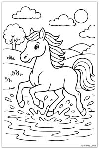 Horse Running through Shallow Water: Splashing Motion Coloring Page
