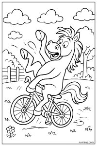 Horse Trying to Ride a Bicycle Coloring Page