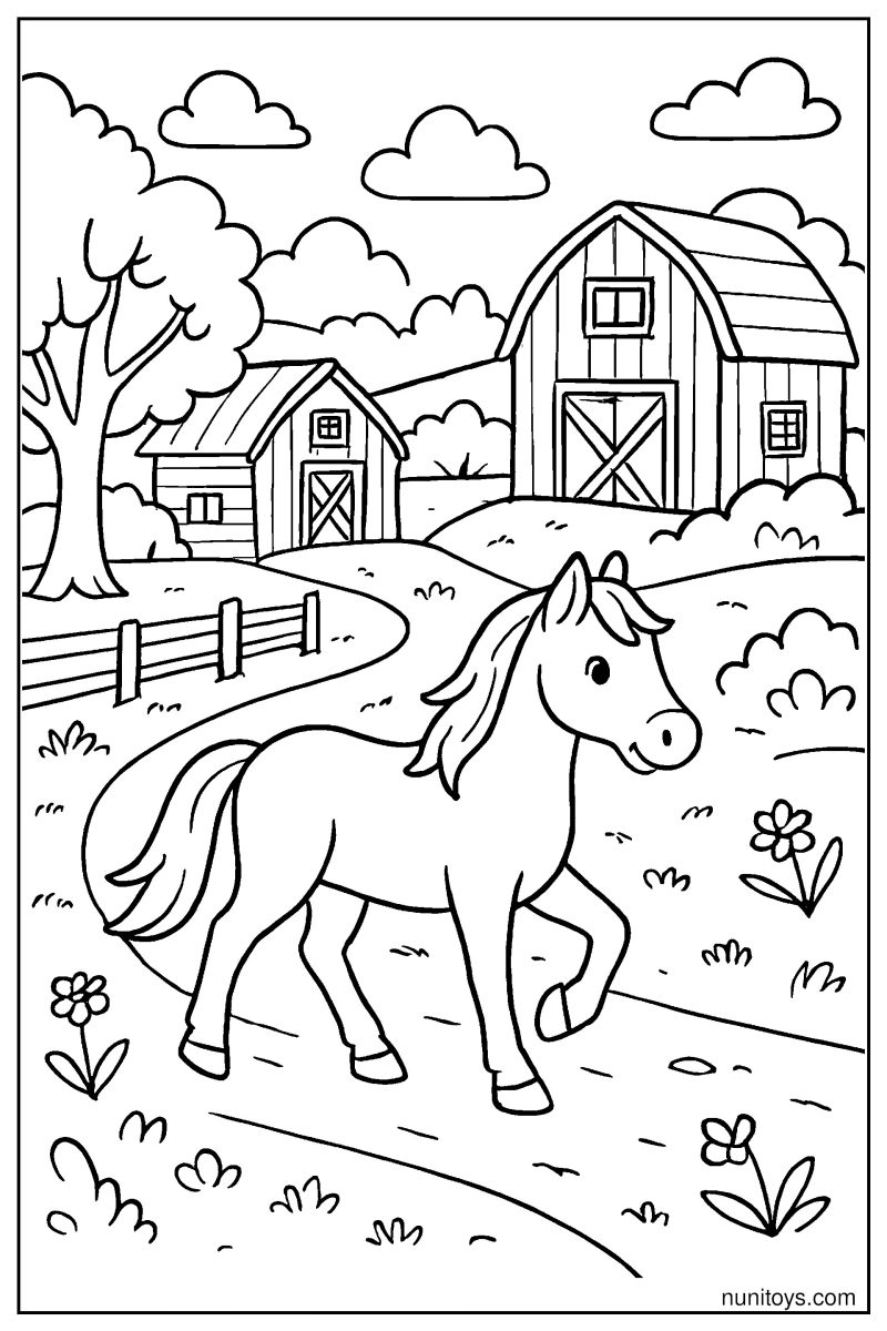 Horse Walking on a Dirt Farm Path Coloring Page