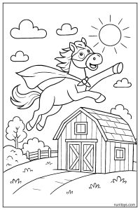 Horse with Superhero Cape Flying from Barn Roof Coloring Page
