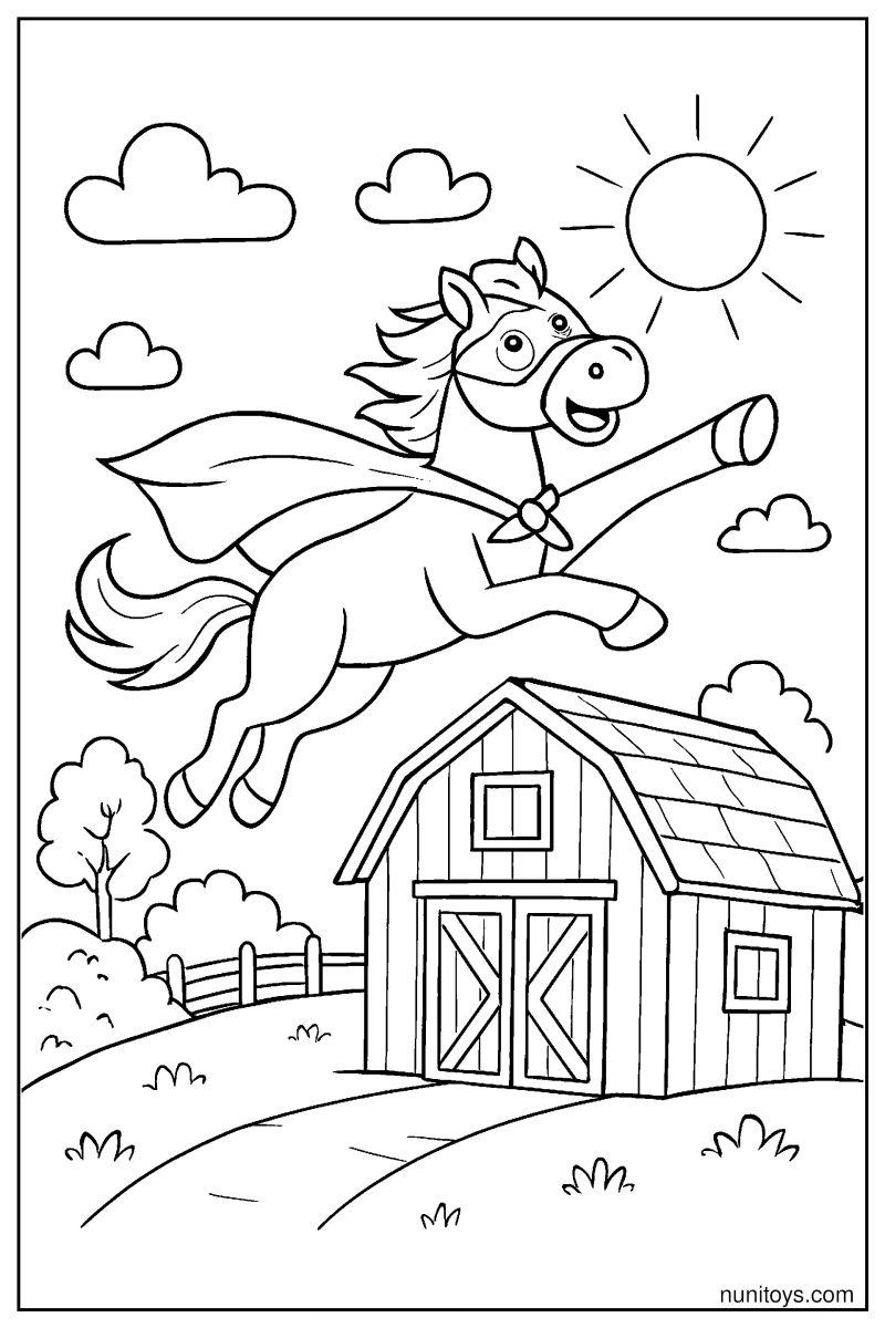 Horse with Superhero Cape Flying from Barn Roof Coloring Page