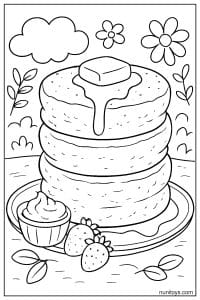 דף צביעה של פנקייקים עם חמאה וסירופ לצד קאפקייק ותותים