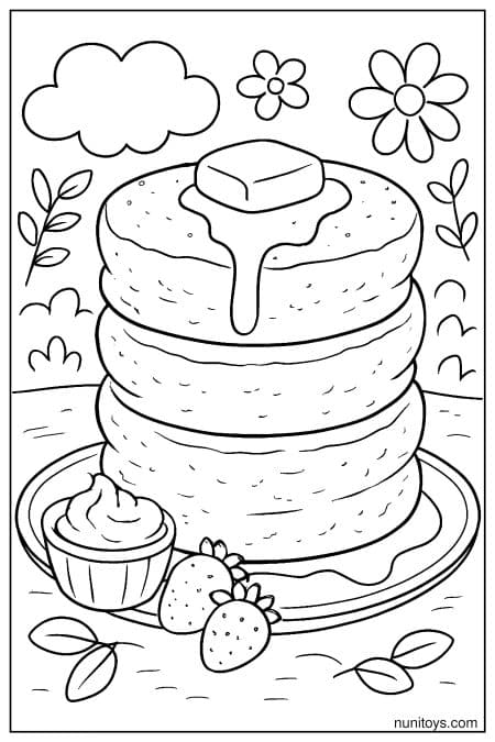 Delicious Pancakes with Butter and Cream in a Nature Scene Coloring Page