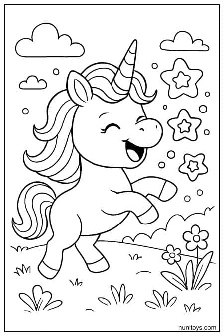 Happy Unicorn with Stars and Flowers Coloring Sheet