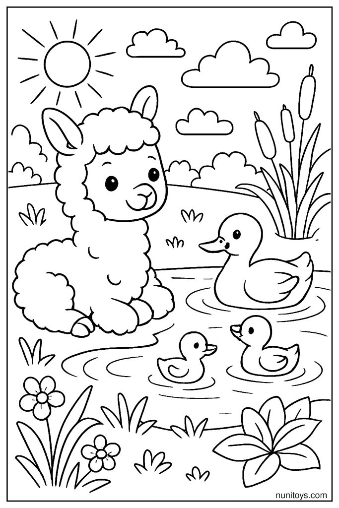 דף צביעה אלפקה יושבת ליד בריכה עם ברווזים