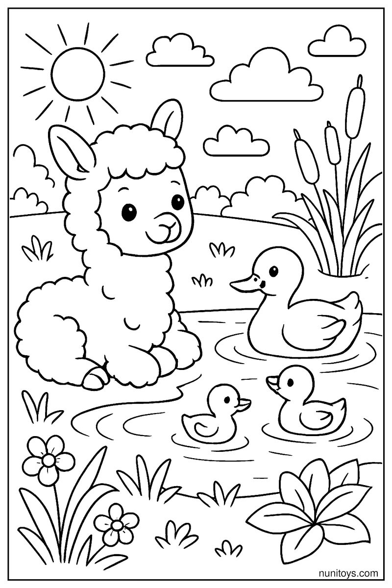 דף צביעה אלפקה יושבת ליד בריכה עם ברווזים