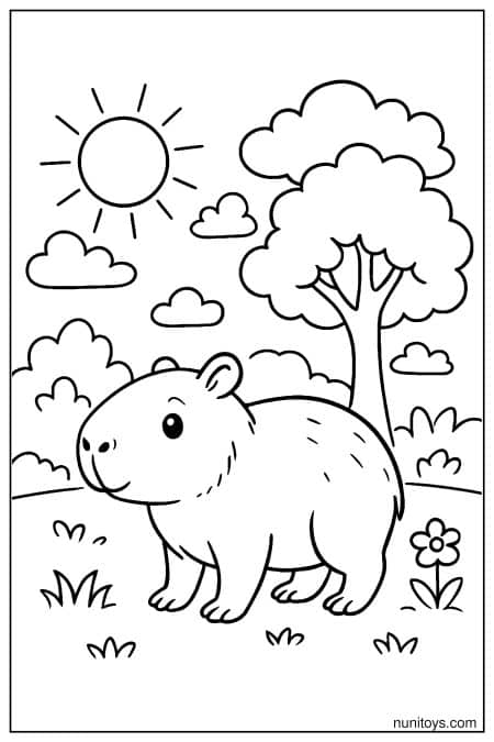 Capybara stands alone in open field with tree and sun Coloring Page