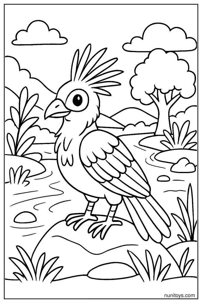 דף צביעה ציפור הואצין עומדת על סלע בטבע