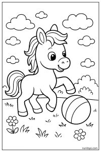 Little Horse Playing with a Ball in a Grassy Field Coloring Page