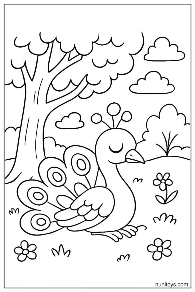 דף צביעה טווס יושב מתחת לעץ עם זנב מקופל