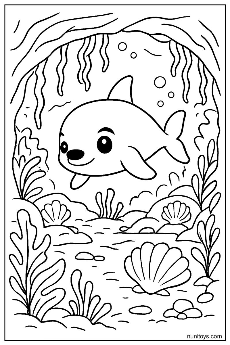 Little Vaquita Exploring an Underwater Cave Coloring Page