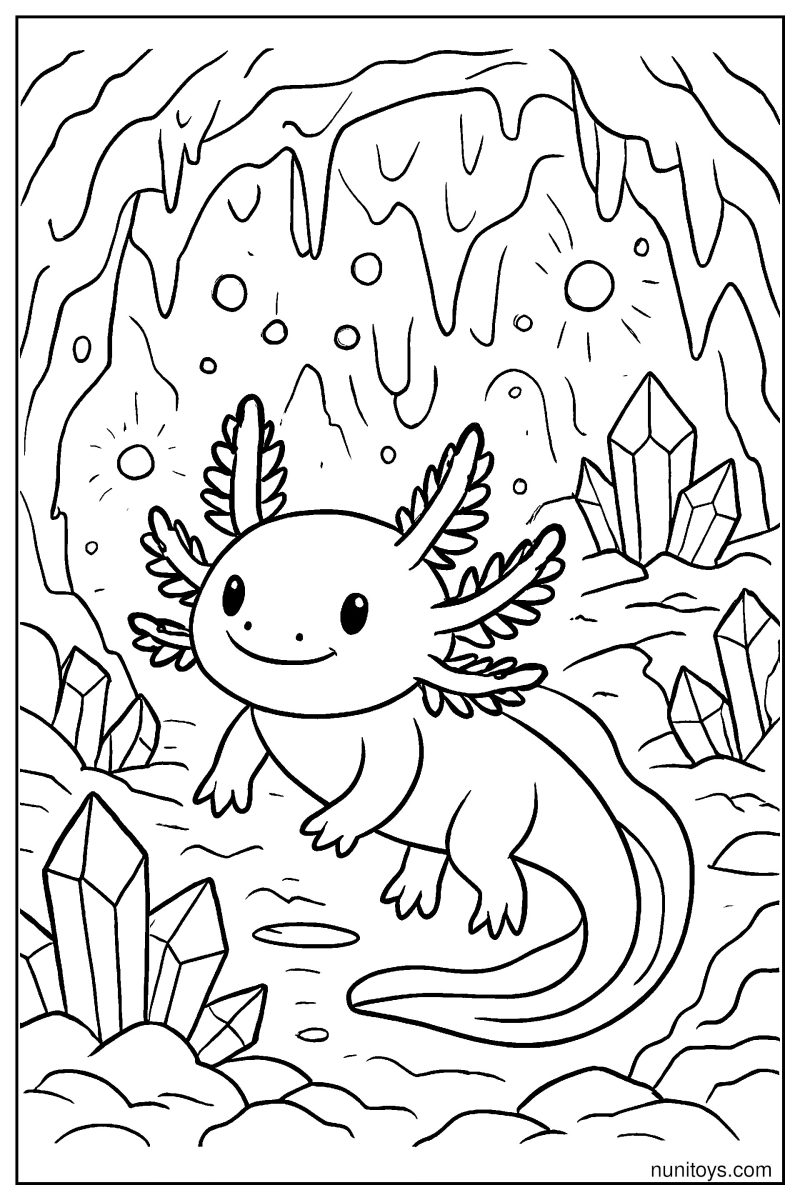 דף צביעה אקסולוטל חמוד בתוך מערת קריסטלים נוצצים