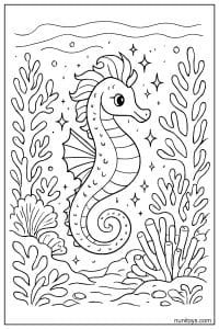 Seahorse Coloring Page Surrounded by Coral and Sparkles