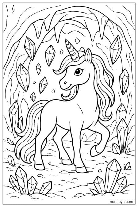 Unicorn in Crystal Cave with Hanging Gems Coloring Page